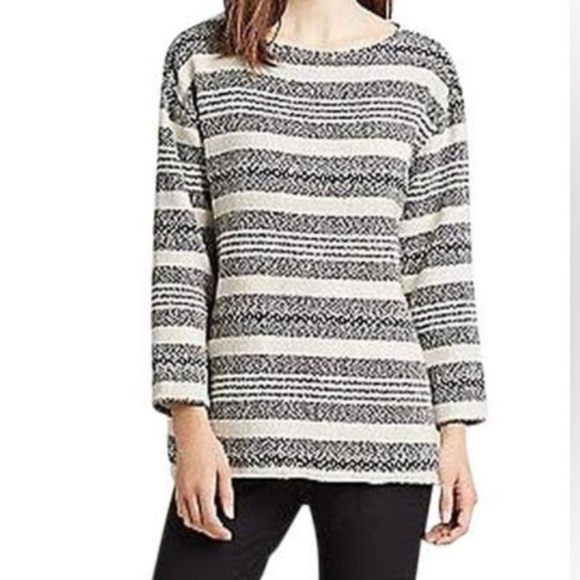 Eileen Fisher Organic Cotton Stripe Fringe Thick 3/4 Sleeve Boxy Sweater M soft - Picture 2 of 12